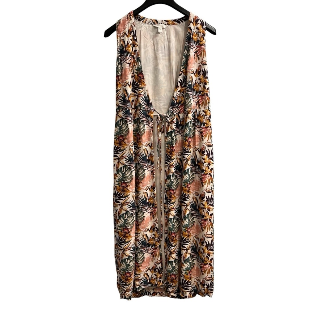 Garnet Hill Duster Womens 6 Neutral Tropical Print Cover Up Tie Open Front Beach